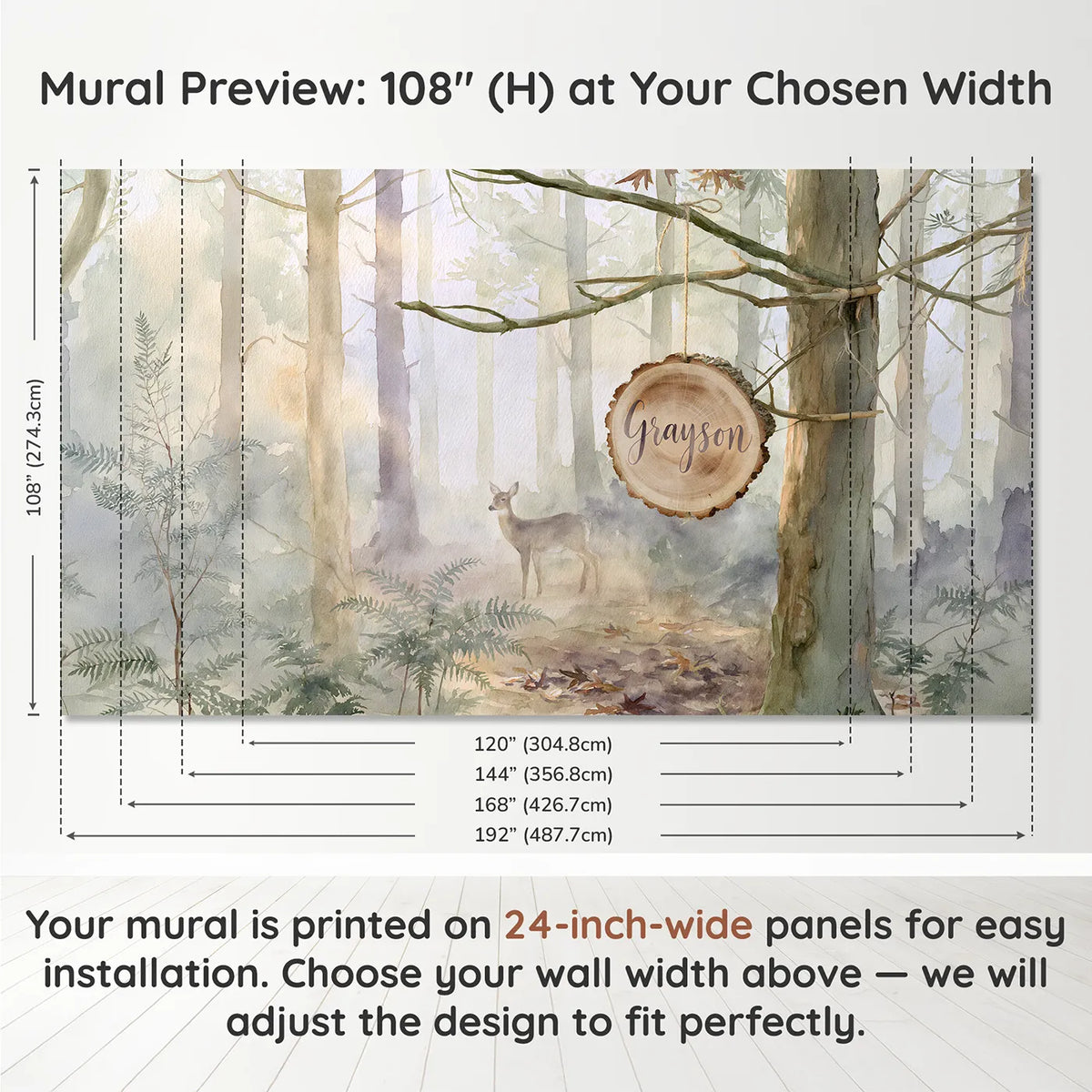 Panel layout and dimensions for Misty Morning Log Slice Personalized Wall Mural by Whimsy Tots