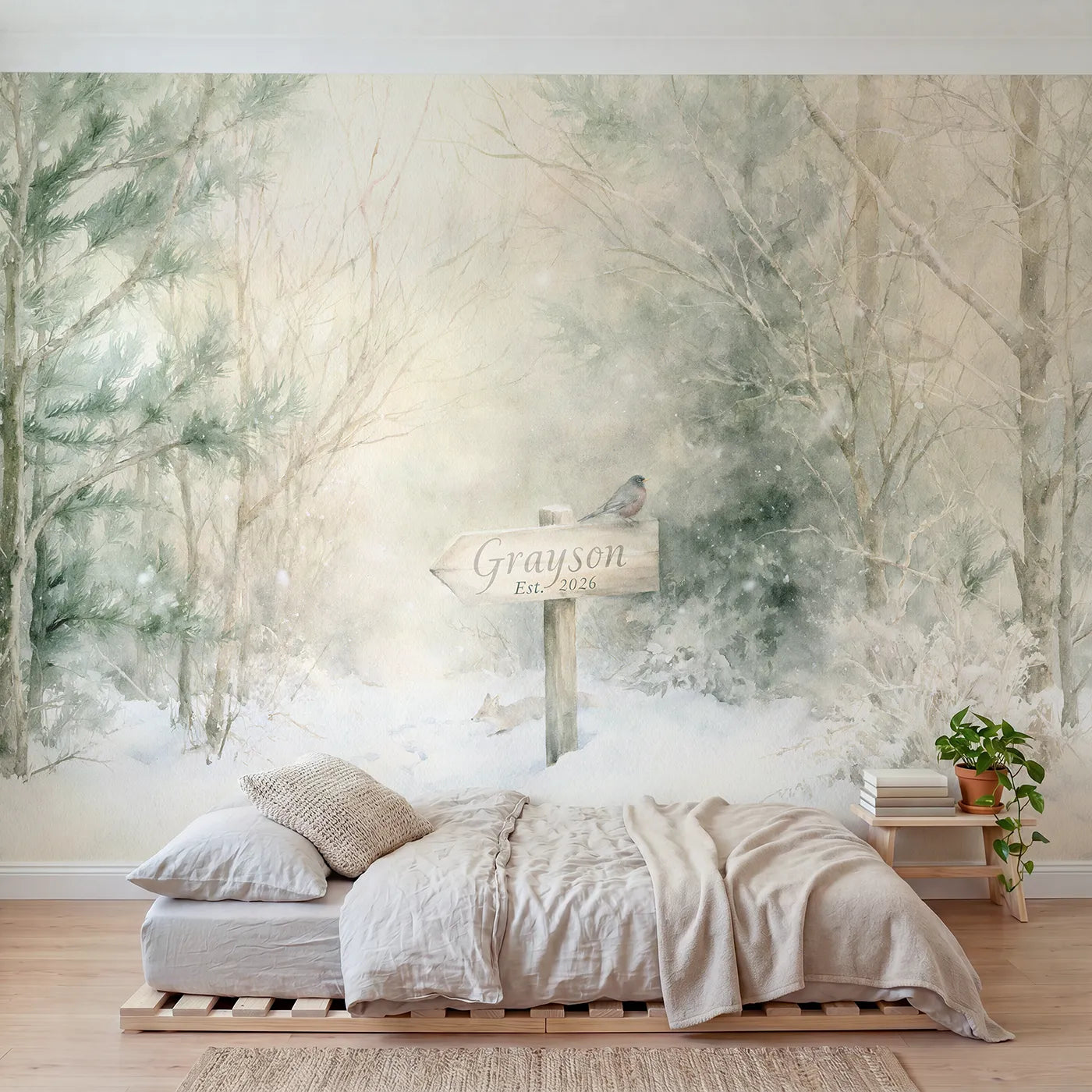 Watercolor first snow waymarker personalized wall mural with brushed name and year by Whimsy Tots