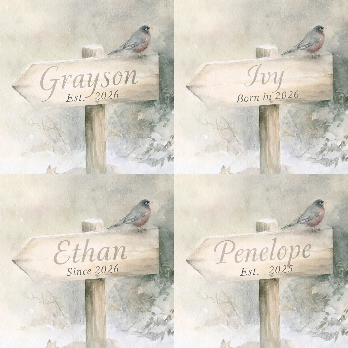 Four name preview examples of First Snow Waymarker Personalized Wall Mural by Whimsy Tots
