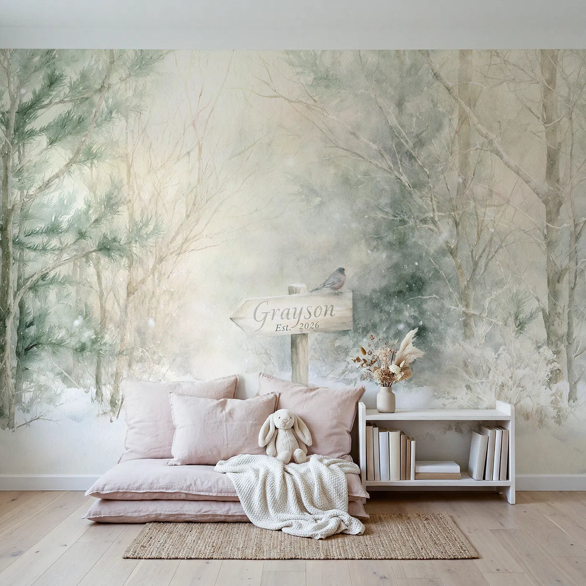 First Snow Waymarker Personalized Wall Mural in playroom setting by Whimsy Tots
