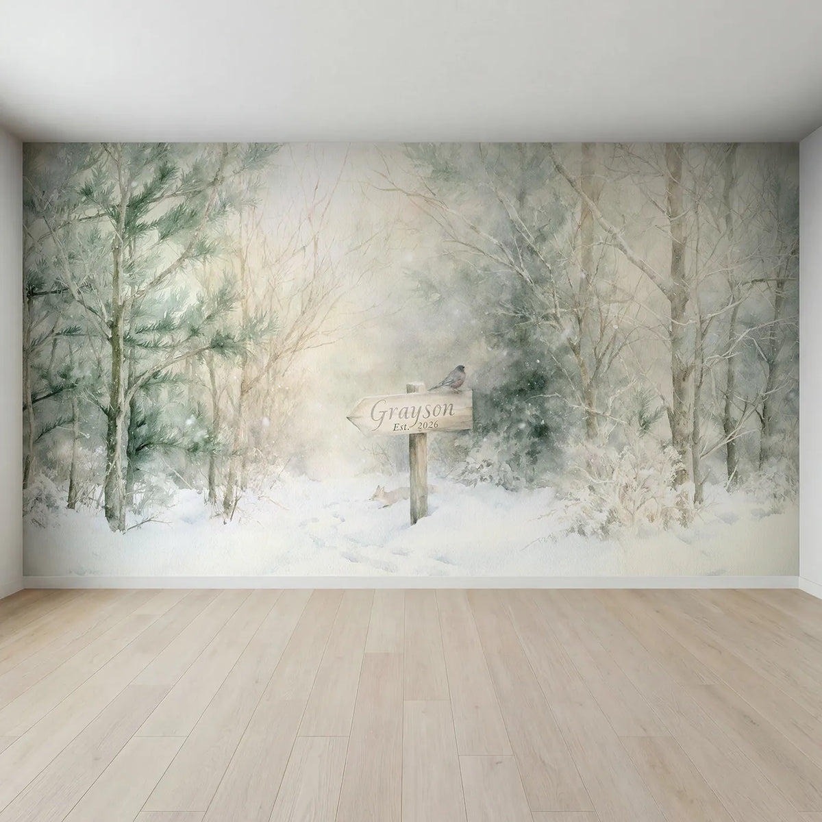 Full view of First Snow Waymarker Personalized Wall Mural by Whimsy Tots