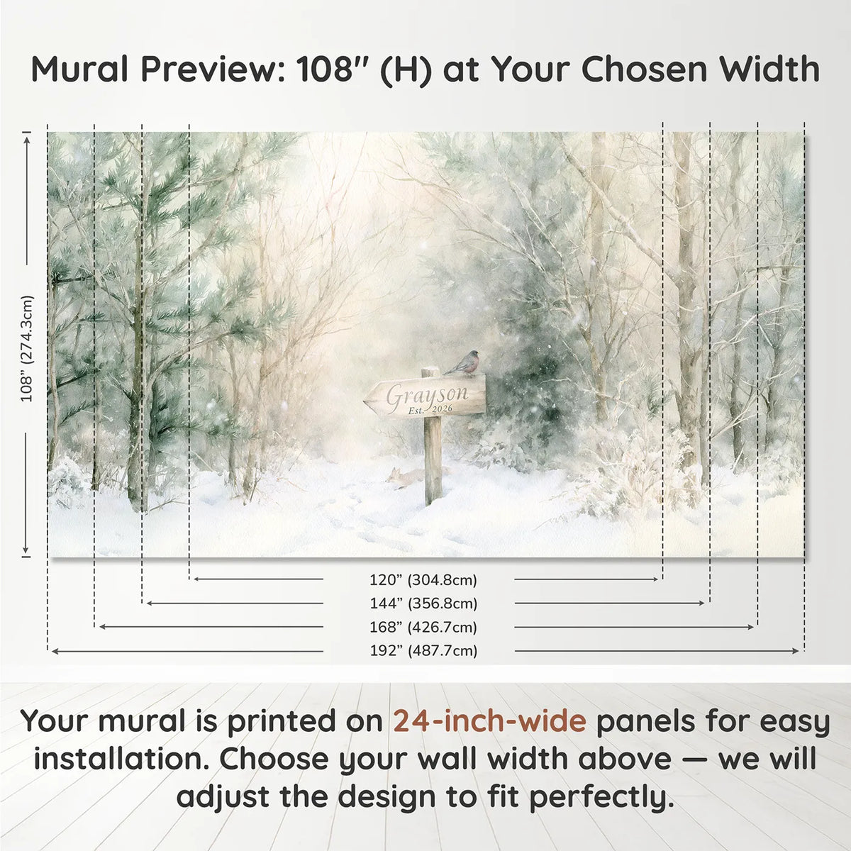 Panel layout and dimensions for First Snow Waymarker Personalized Wall Mural by Whimsy Tots