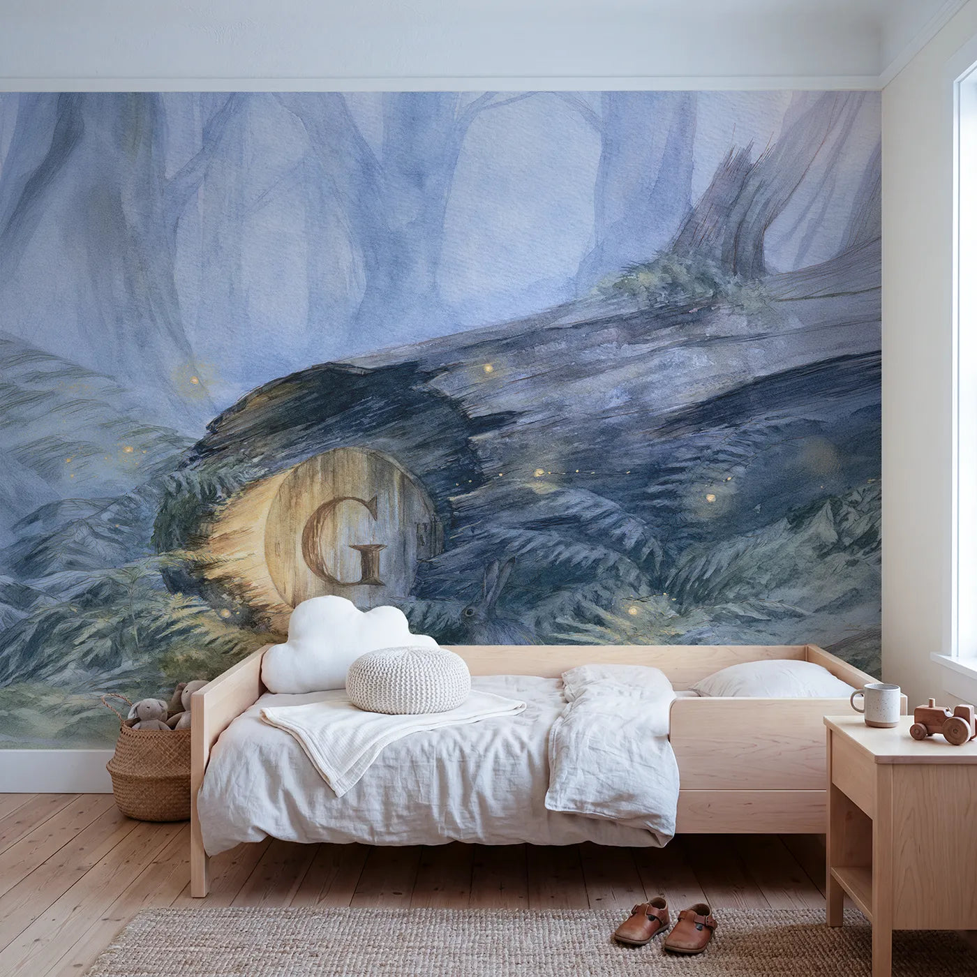 Watercolor twilight hollow log personalized wall mural with carved glowing initial by Whimsy Tots