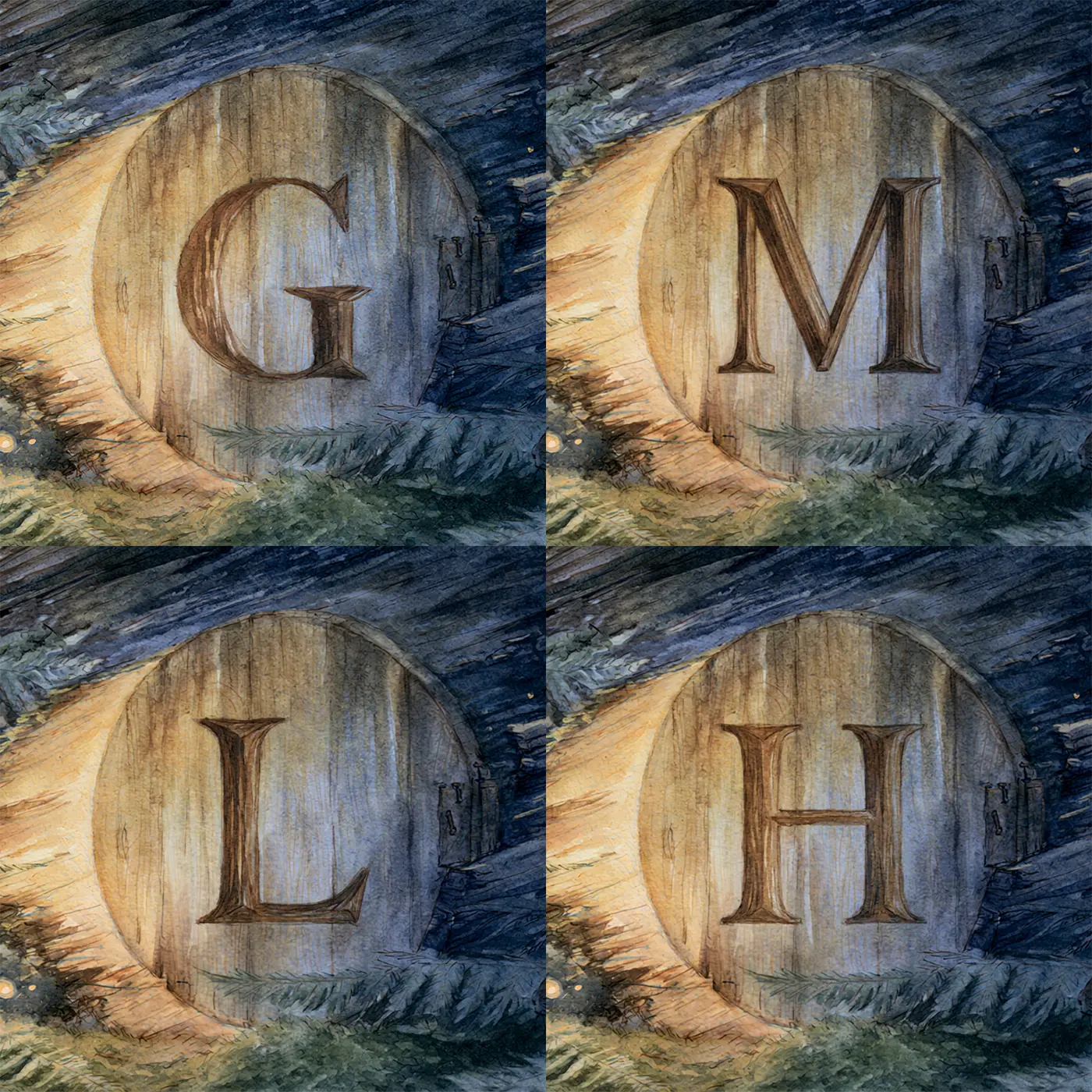 Four name preview examples of Twilight Hollow Initial Personalized Wall Mural by Whimsy Tots