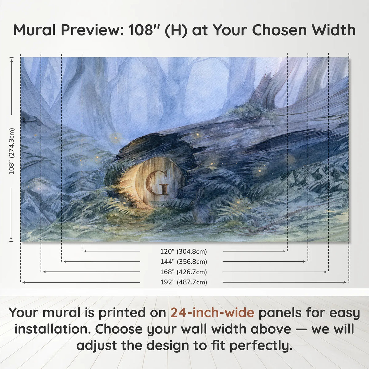 Panel layout and dimensions for Twilight Hollow Initial Personalized Wall Mural by Whimsy Tots
