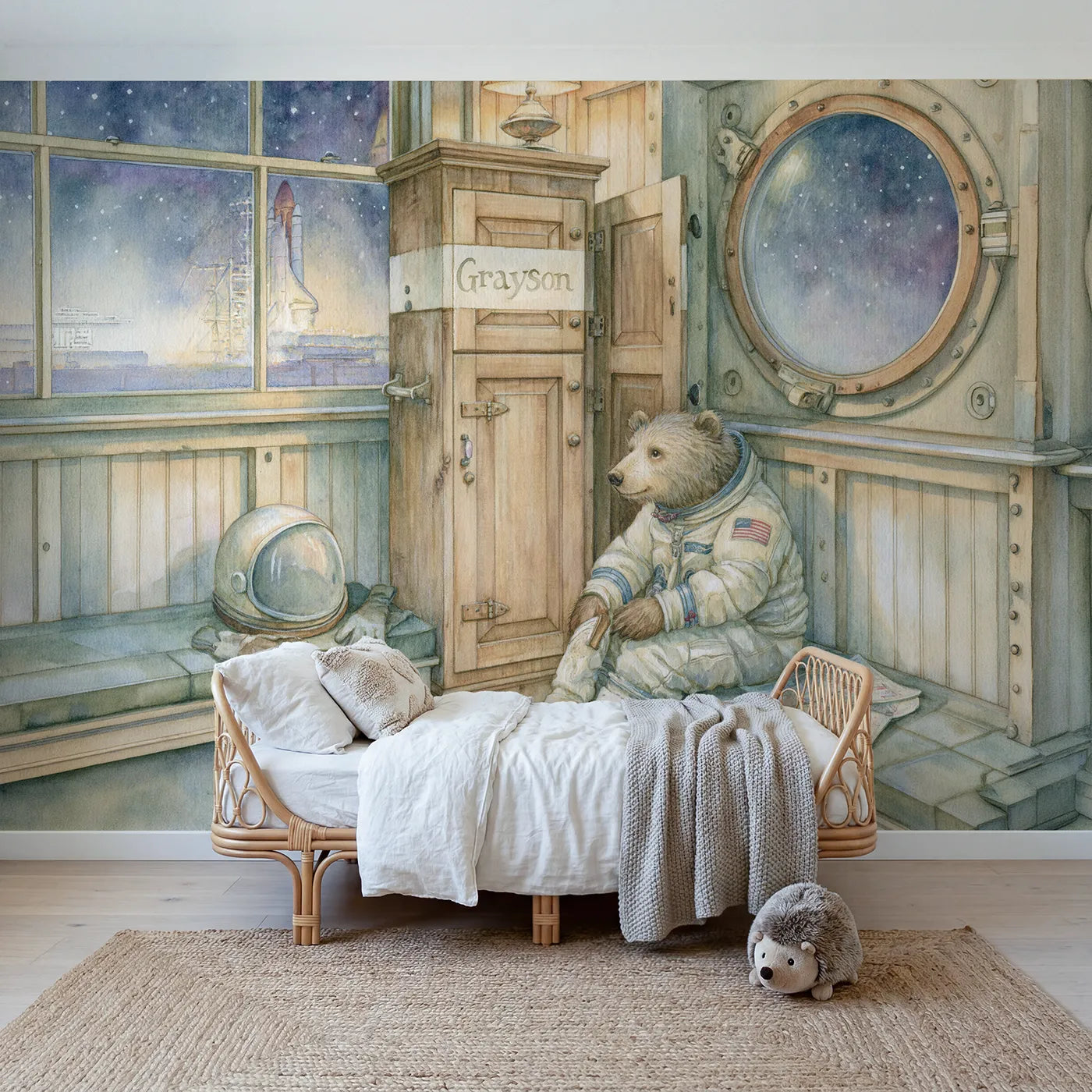 Storybook astronaut bear ready room personalized wall mural with stencilled locker door by Whimsy Tots