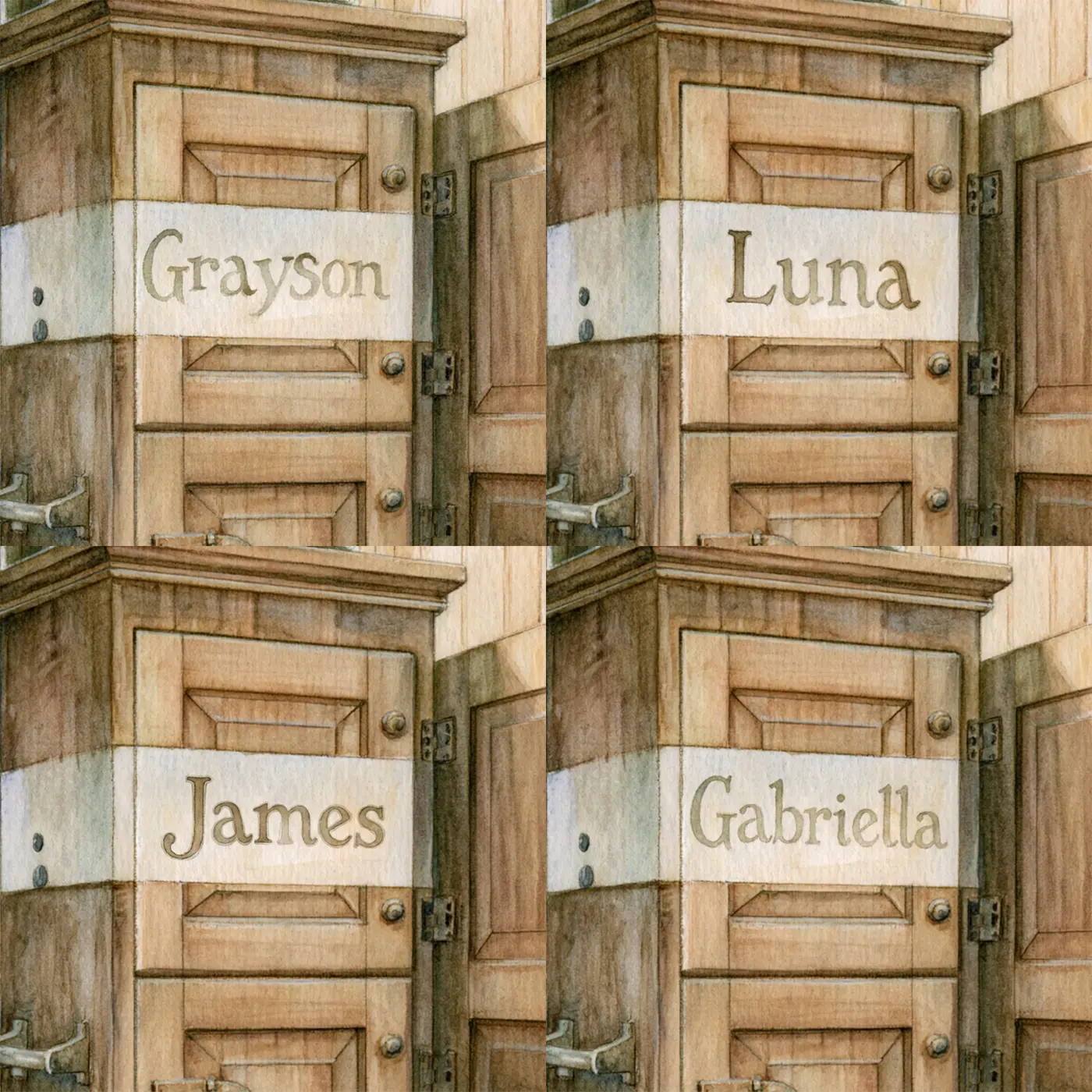 Four name preview examples of Astronaut Bear Kit Locker Personalized Wall Mural by Whimsy Tots