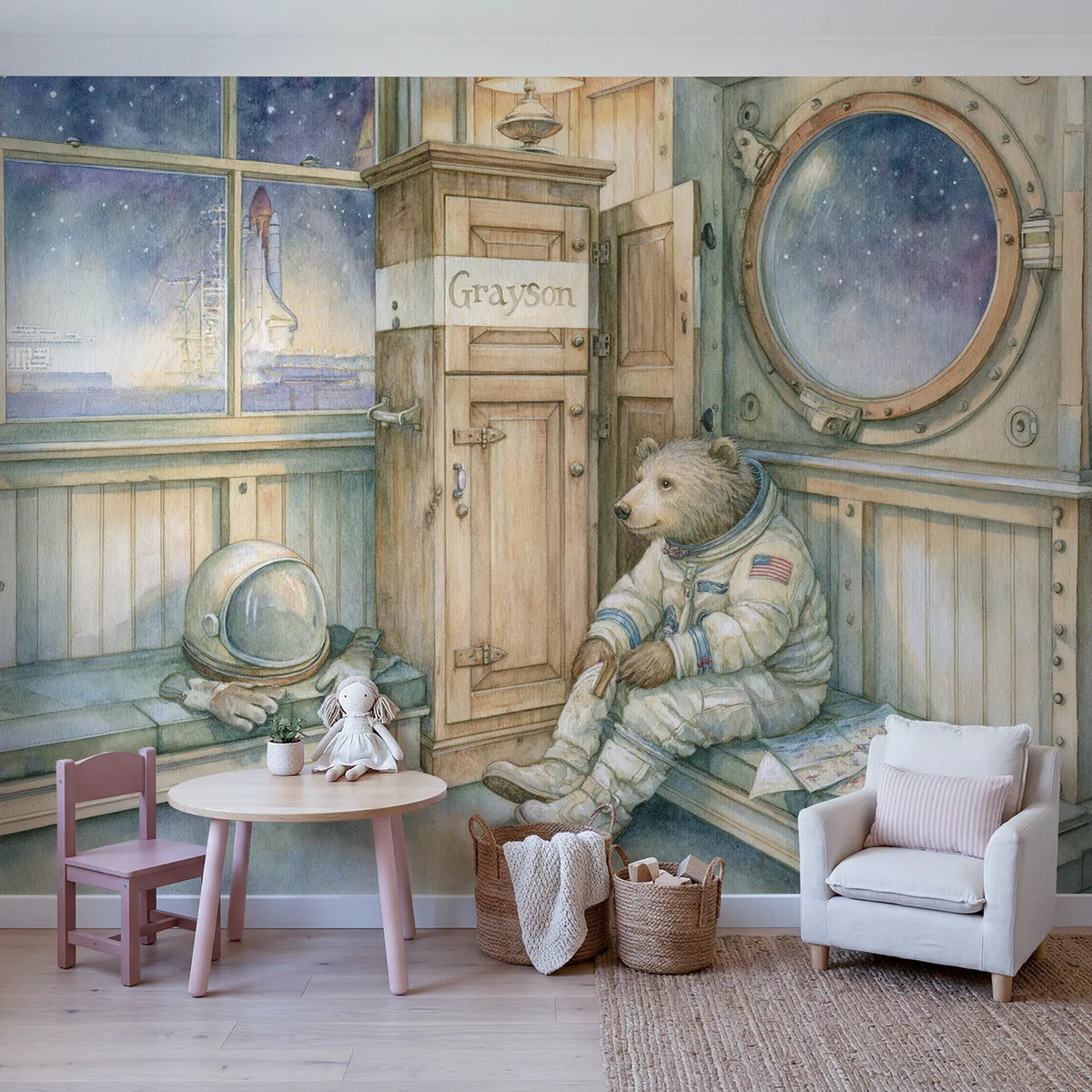 Astronaut Bear Kit Locker Personalized Wall Mural in playroom setting by Whimsy Tots