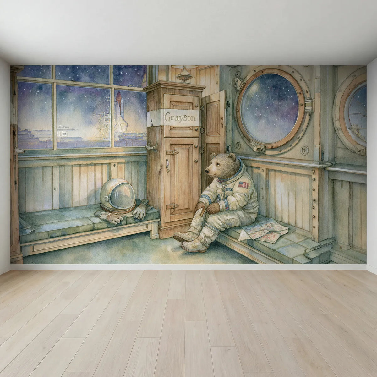 Full view of Astronaut Bear Kit Locker Personalized Wall Mural by Whimsy Tots