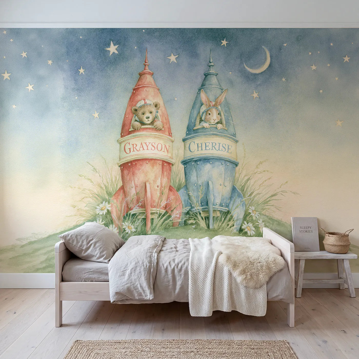 Storybook two little rockets personalized wall mural with lettered sibling nose cones by Whimsy Tots