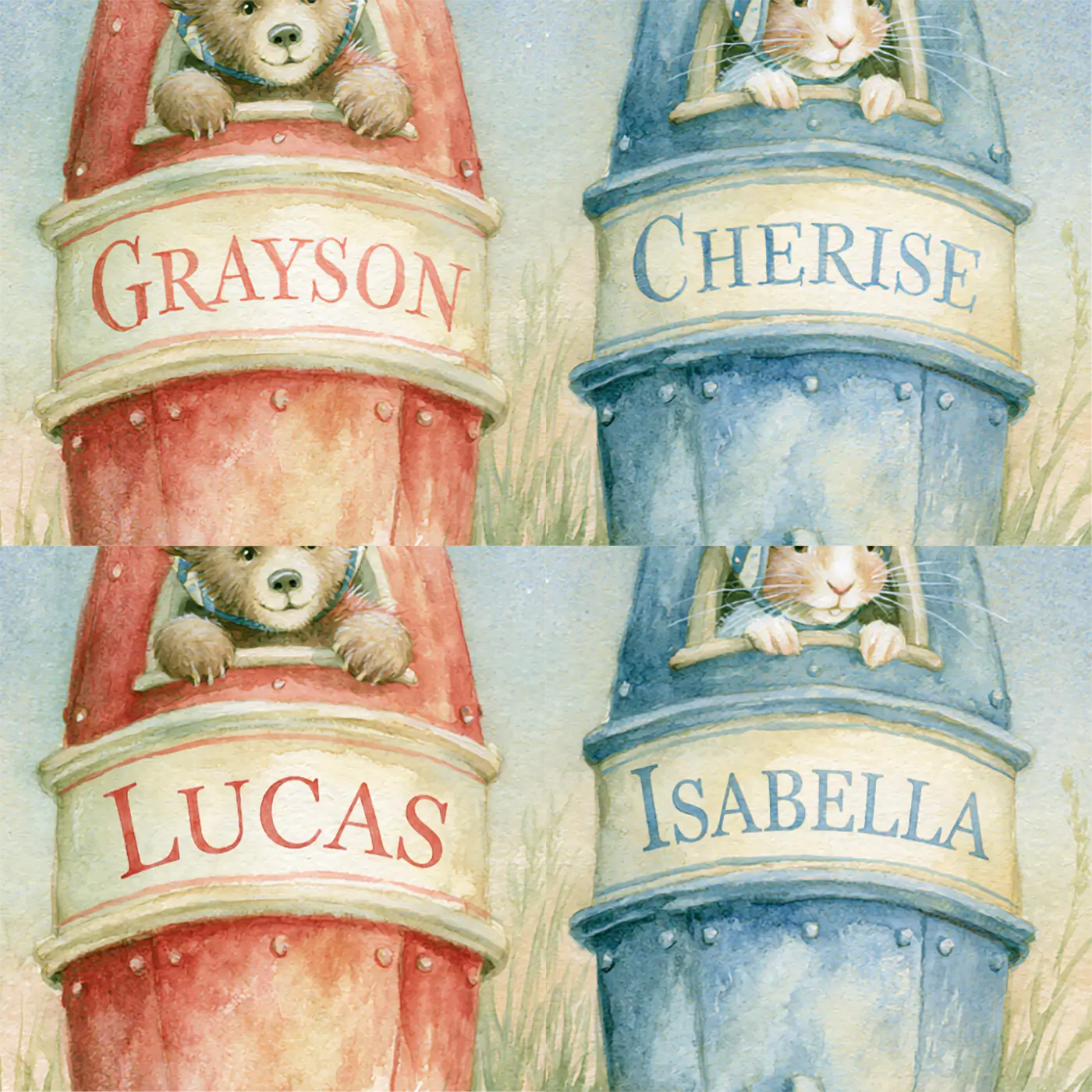 Four name preview examples of Two Little Rockets Personalized Wall Mural by Whimsy Tots