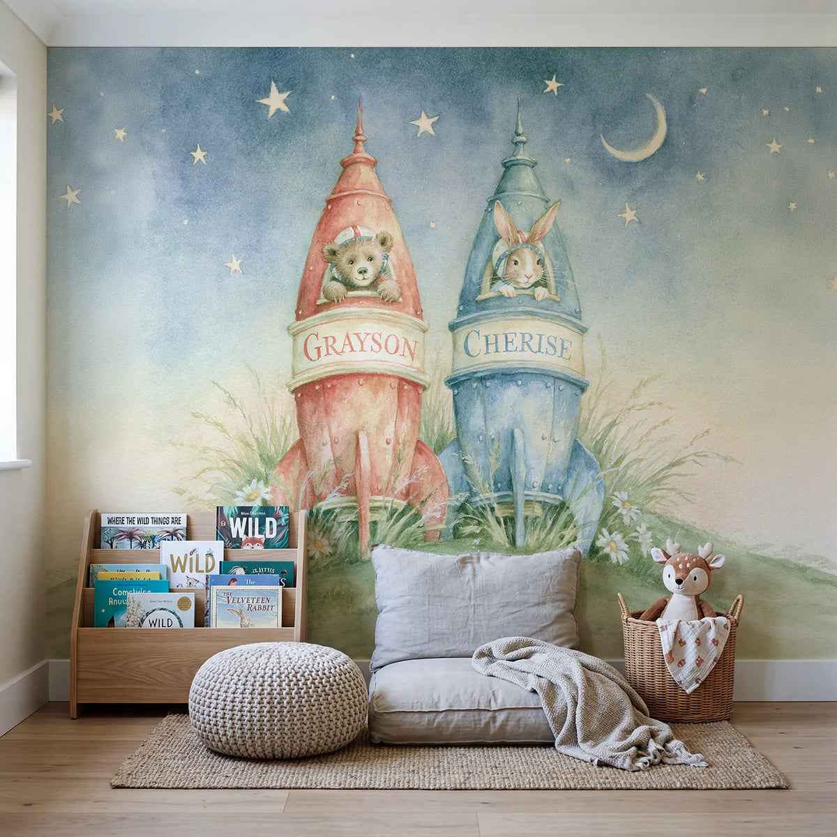 Two Little Rockets Personalized Wall Mural in playroom setting by Whimsy Tots