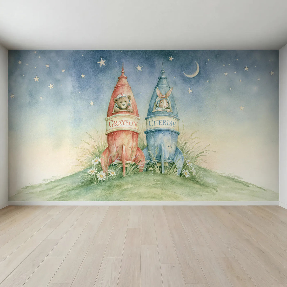 Full view of Two Little Rockets Personalized Wall Mural by Whimsy Tots