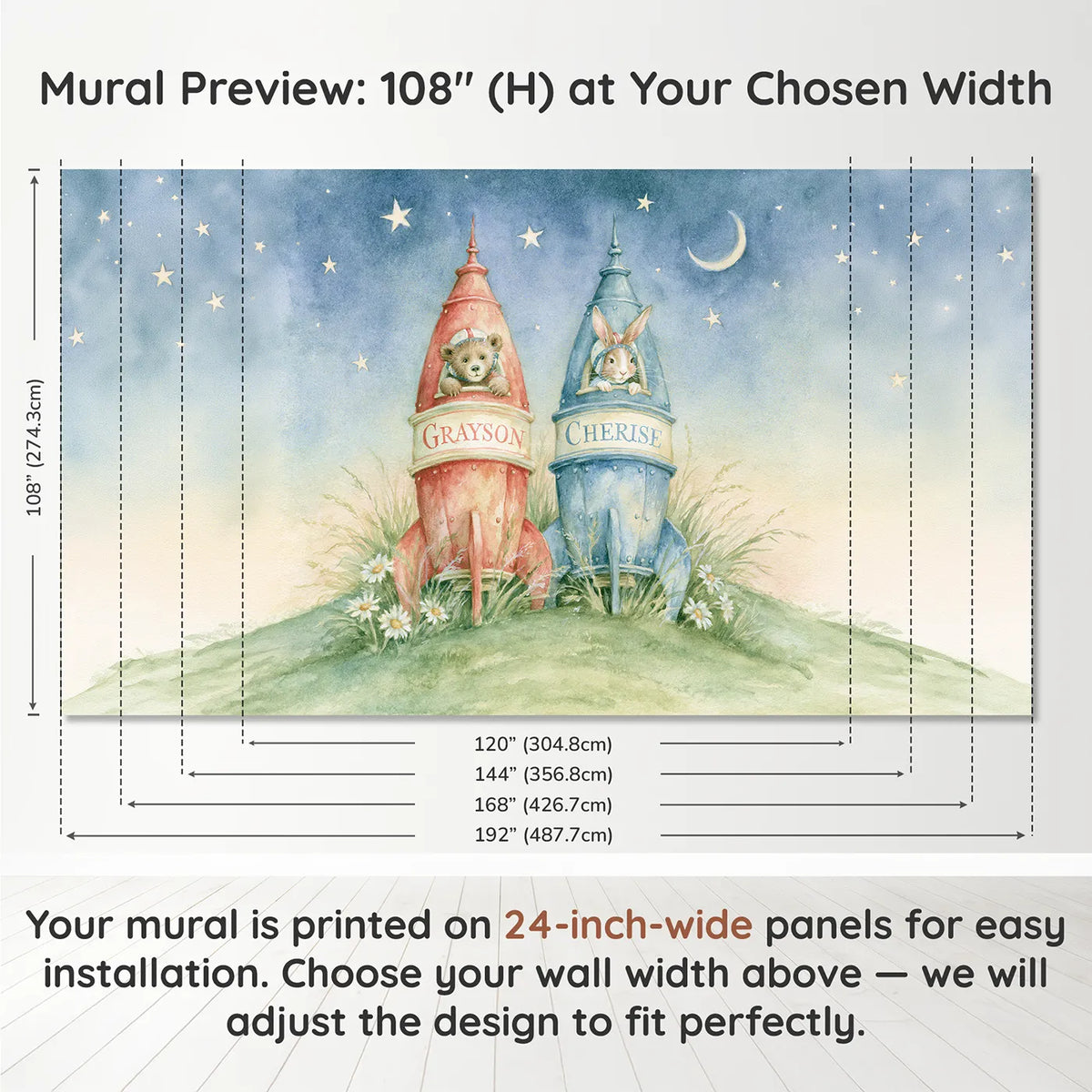 Panel layout and dimensions for Two Little Rockets Personalized Wall Mural by Whimsy Tots