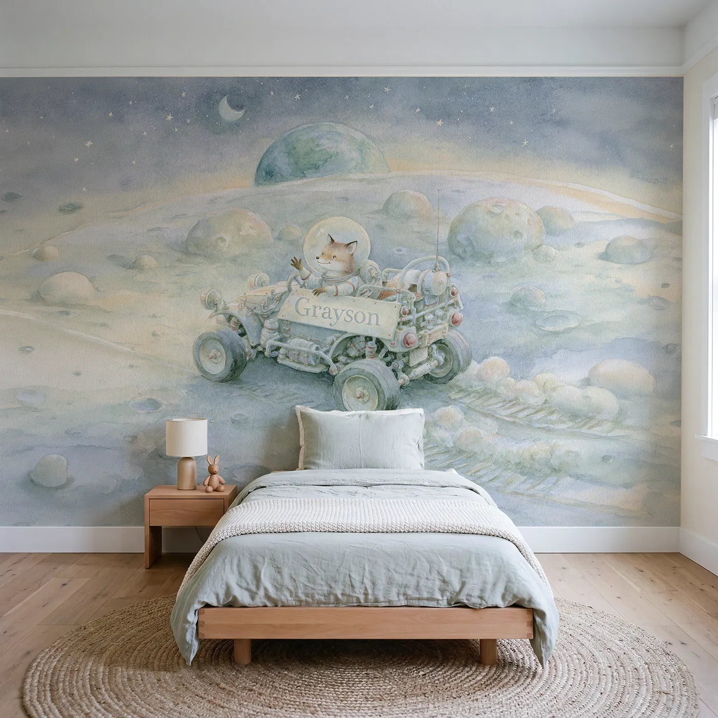 Storybook moon rover personalized wall mural with lettered side panel by Whimsy Tots