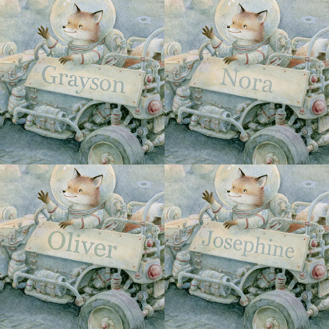 Four name preview examples of Moon Rover Personalized Wall Mural by Whimsy Tots