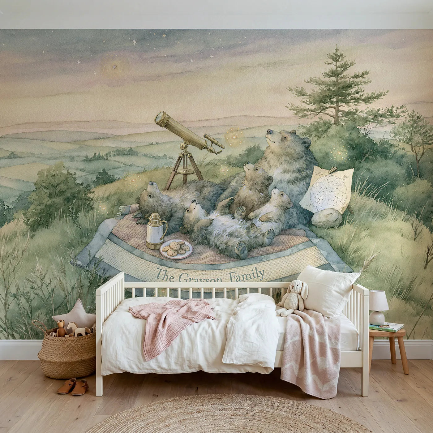 Storybook family space camp personalized wall mural with woven blanket edge band by Whimsy Tots