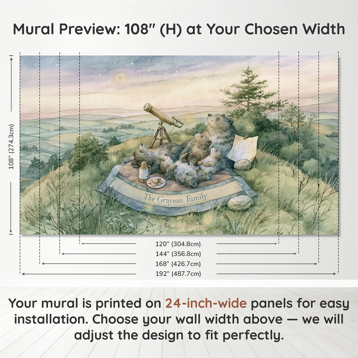 Panel layout and dimensions for Family Space Camp Personalized Wall Mural by Whimsy Tots