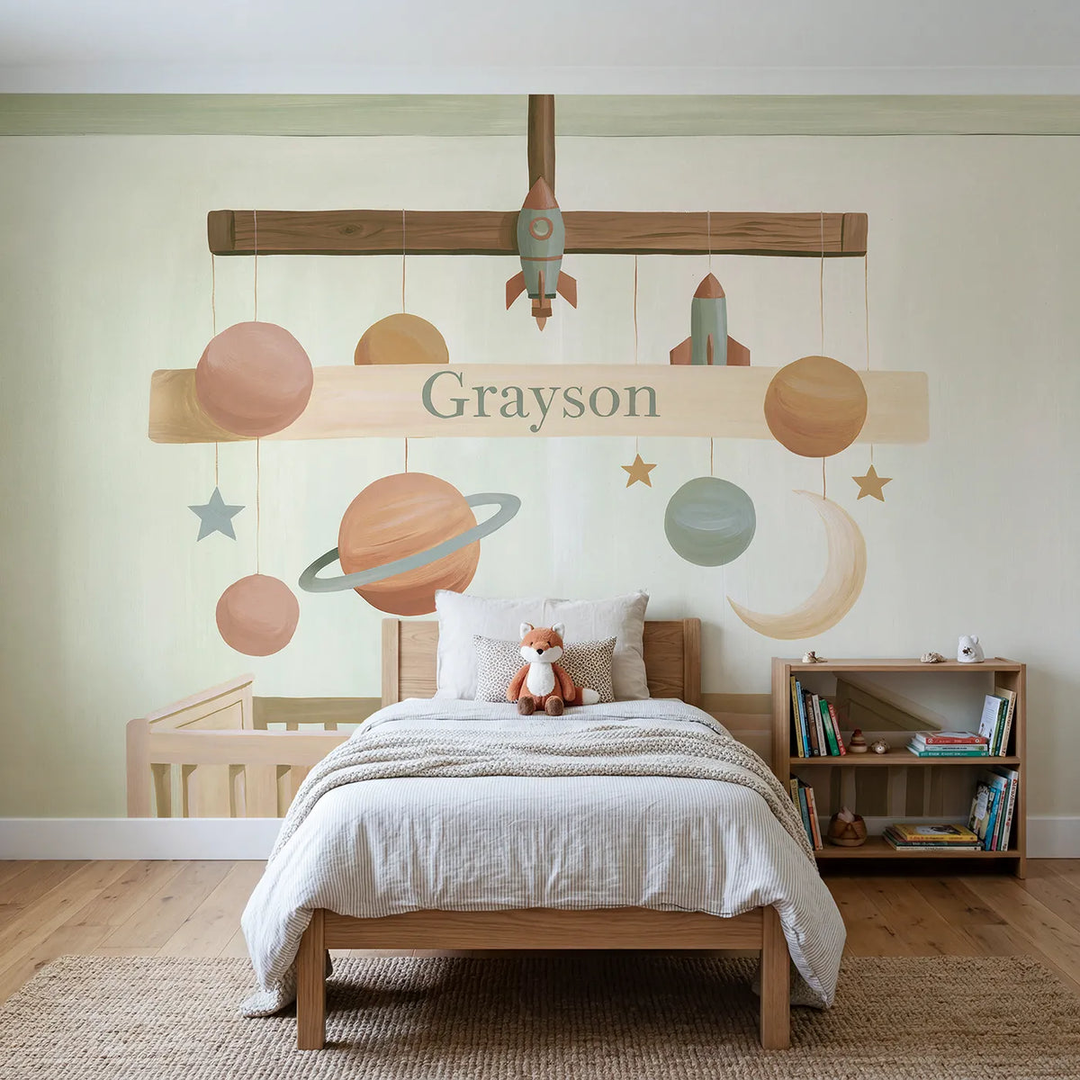 Modern illustration planet mobile personalized wall mural with painted crossbar band by Whimsy Tots