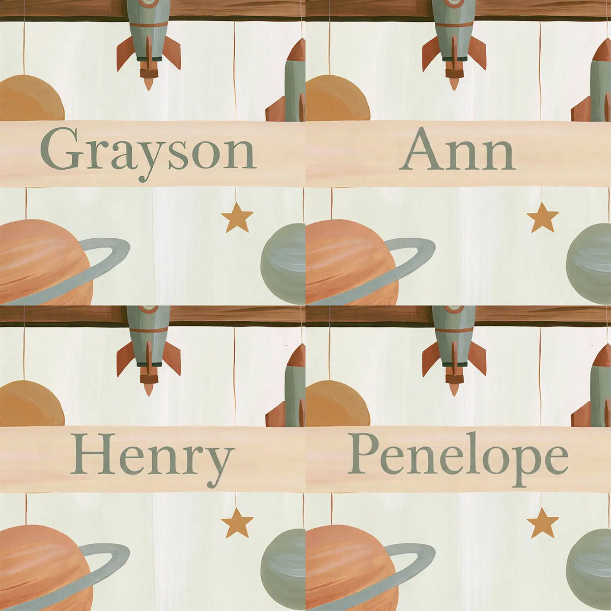 Four name preview examples of Flat Planet Mobile Personalized Wall Mural by Whimsy Tots