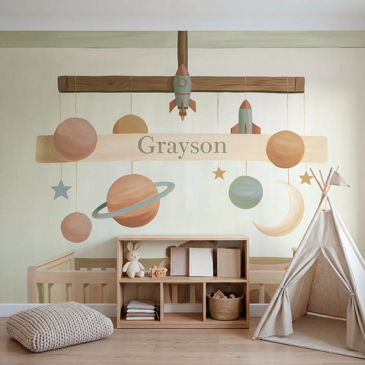 Flat Planet Mobile Personalized Wall Mural in playroom setting by Whimsy Tots