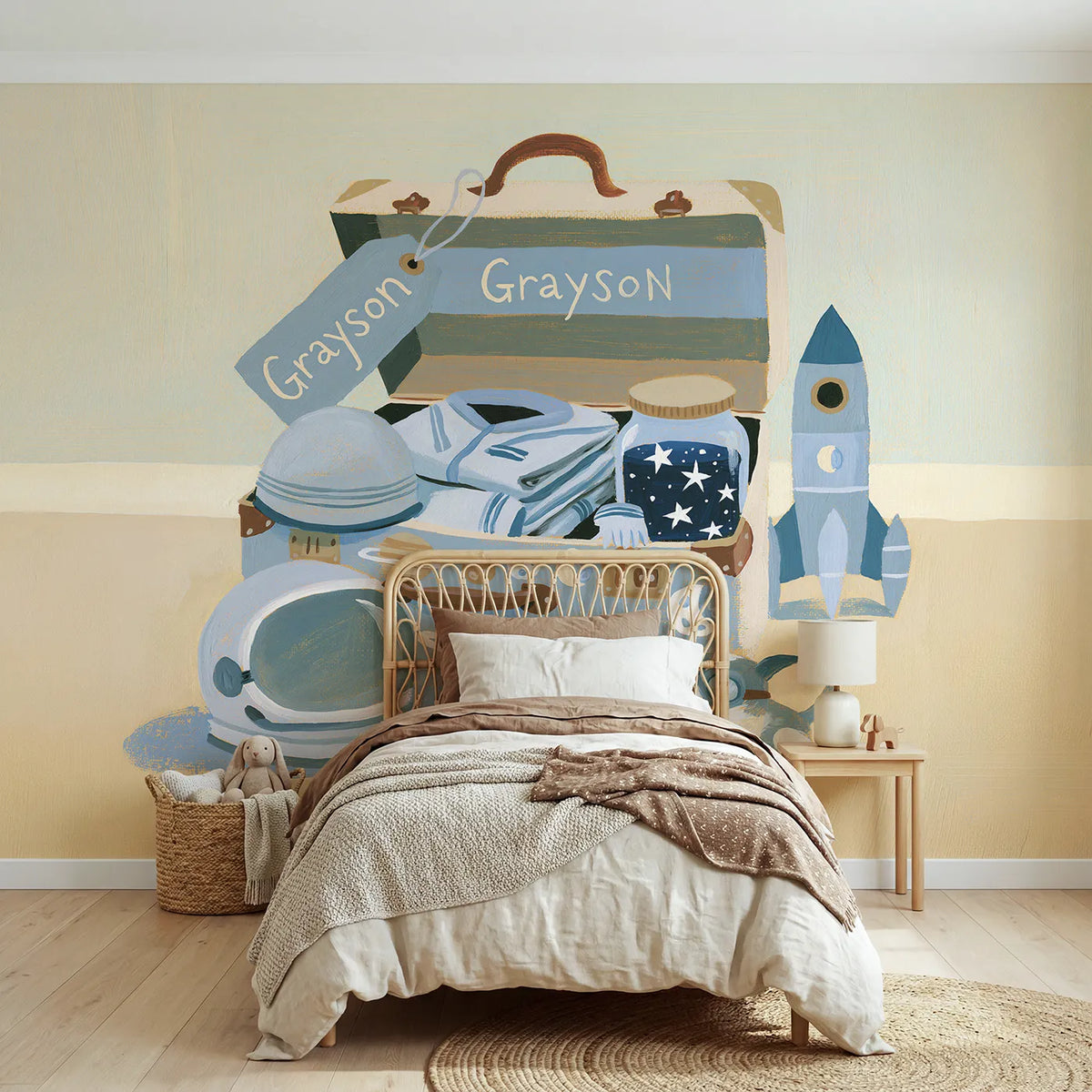 Modern illustration space suitcase personalized wall mural with painted luggage tag by Whimsy Tots