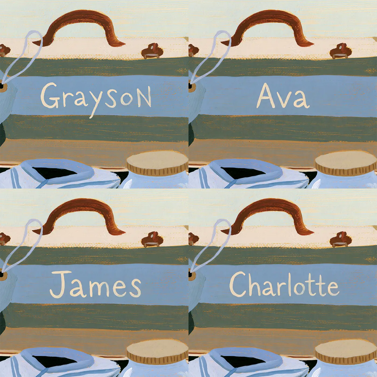 Four name preview examples of Flat Space Suitcase Personalized Wall Mural by Whimsy Tots