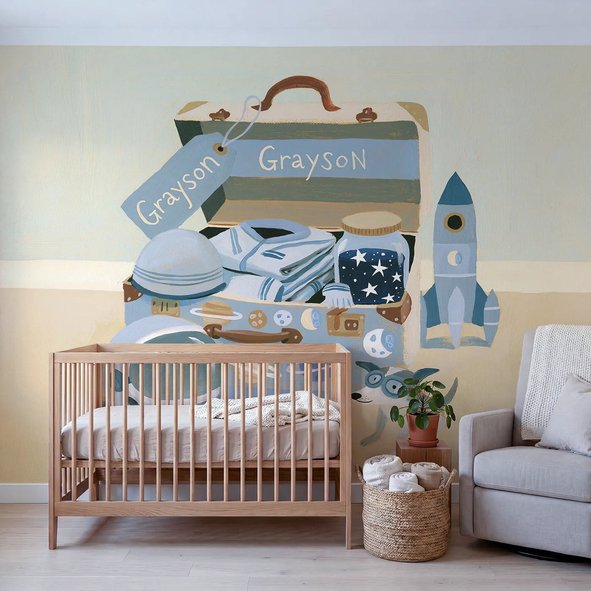 Flat Space Suitcase Personalized Wall Mural in playroom setting by Whimsy Tots