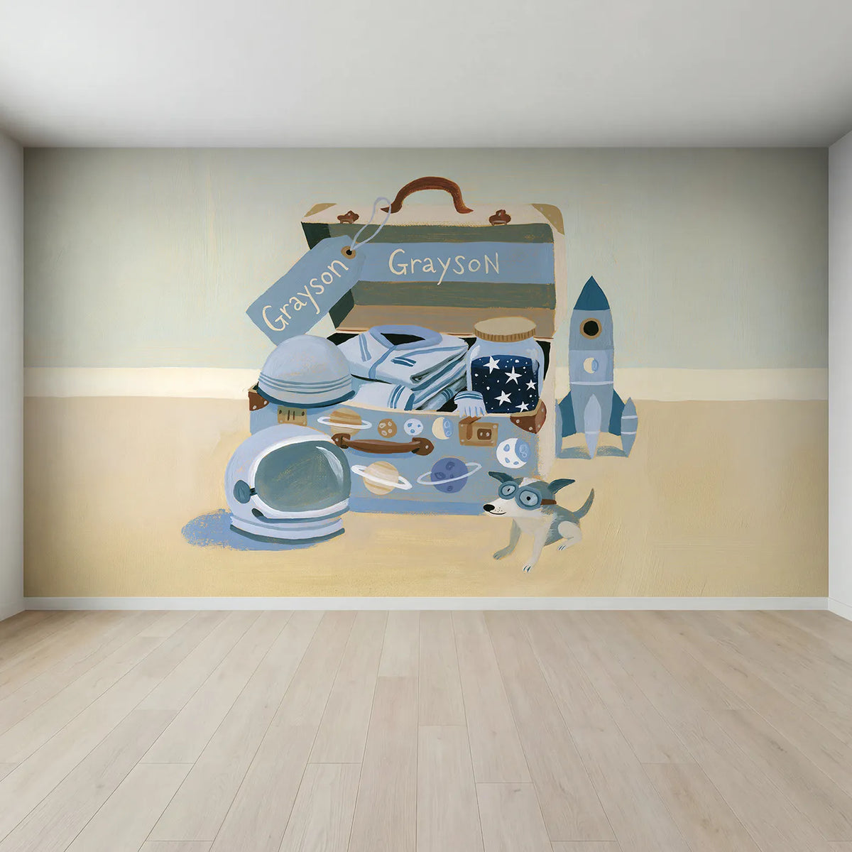 Full view of Flat Space Suitcase Personalized Wall Mural by Whimsy Tots