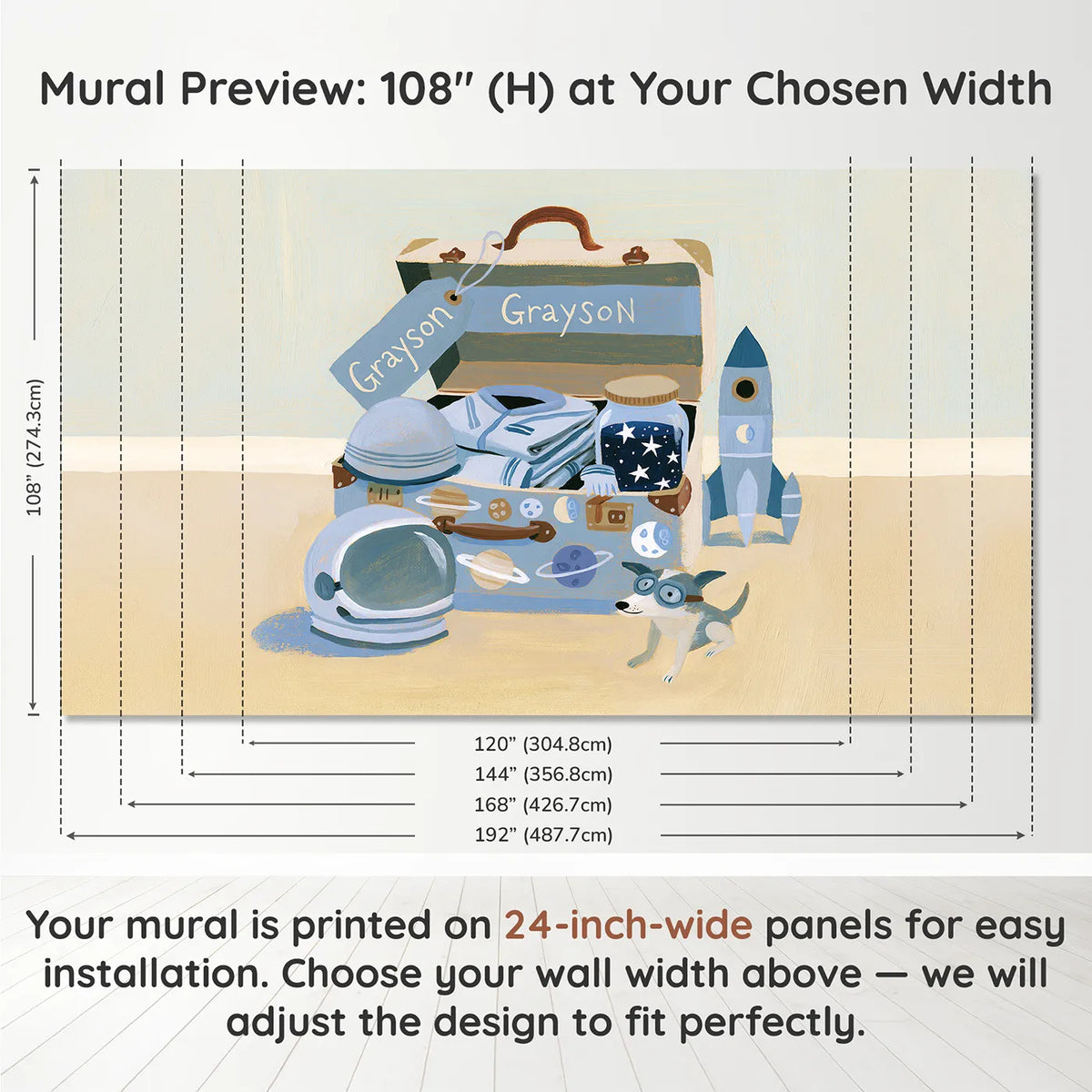 Panel layout and dimensions for Flat Space Suitcase Personalized Wall Mural by Whimsy Tots