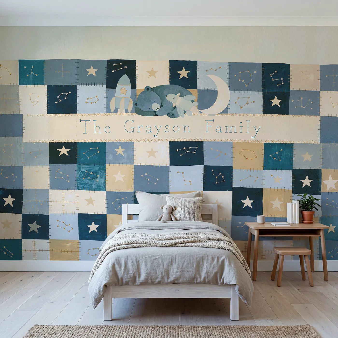 Modern illustration constellation quilt personalized wall mural with stitched edge band by Whimsy Tots