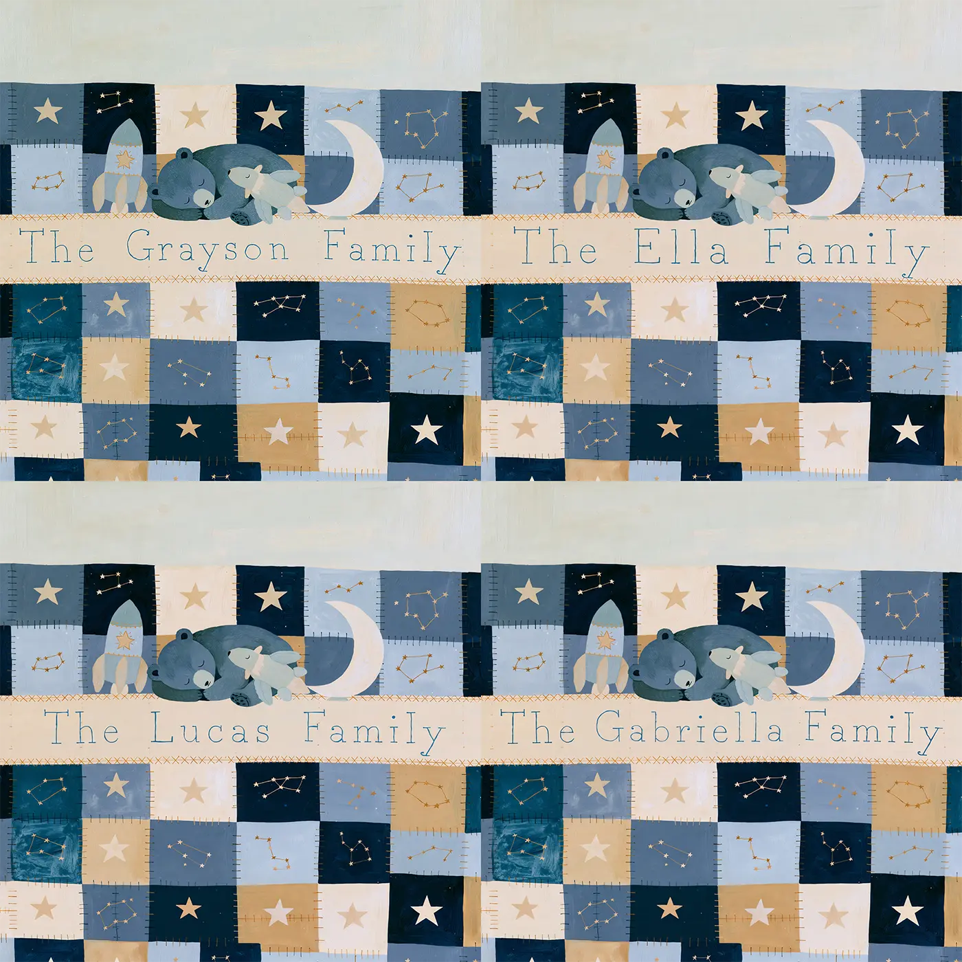 Four name preview examples of Flat Constellation Quilt Personalized Wall Mural by Whimsy Tots