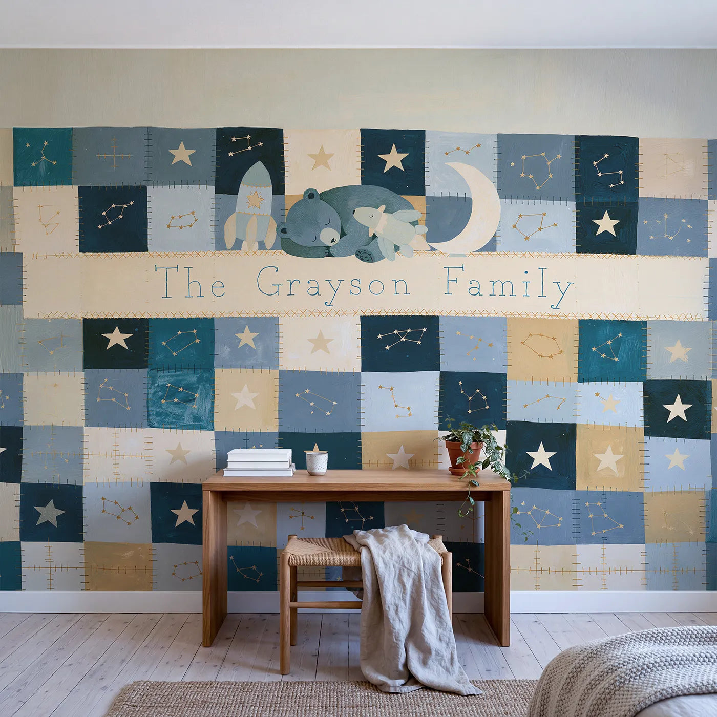 Flat Constellation Quilt Personalized Wall Mural in playroom setting by Whimsy Tots