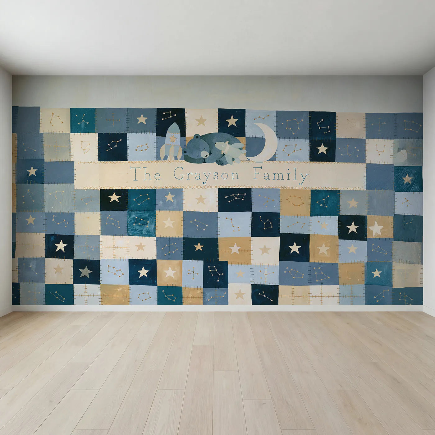 Full view of Flat Constellation Quilt Personalized Wall Mural by Whimsy Tots