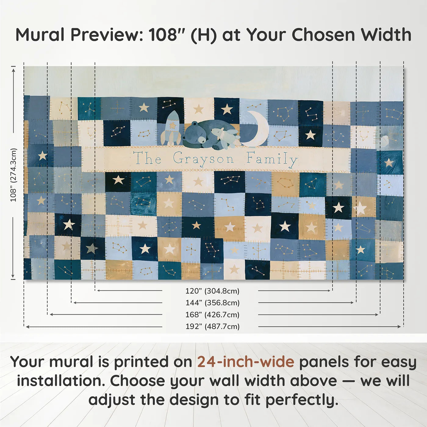 Panel layout and dimensions for Flat Constellation Quilt Personalized Wall Mural by Whimsy Tots