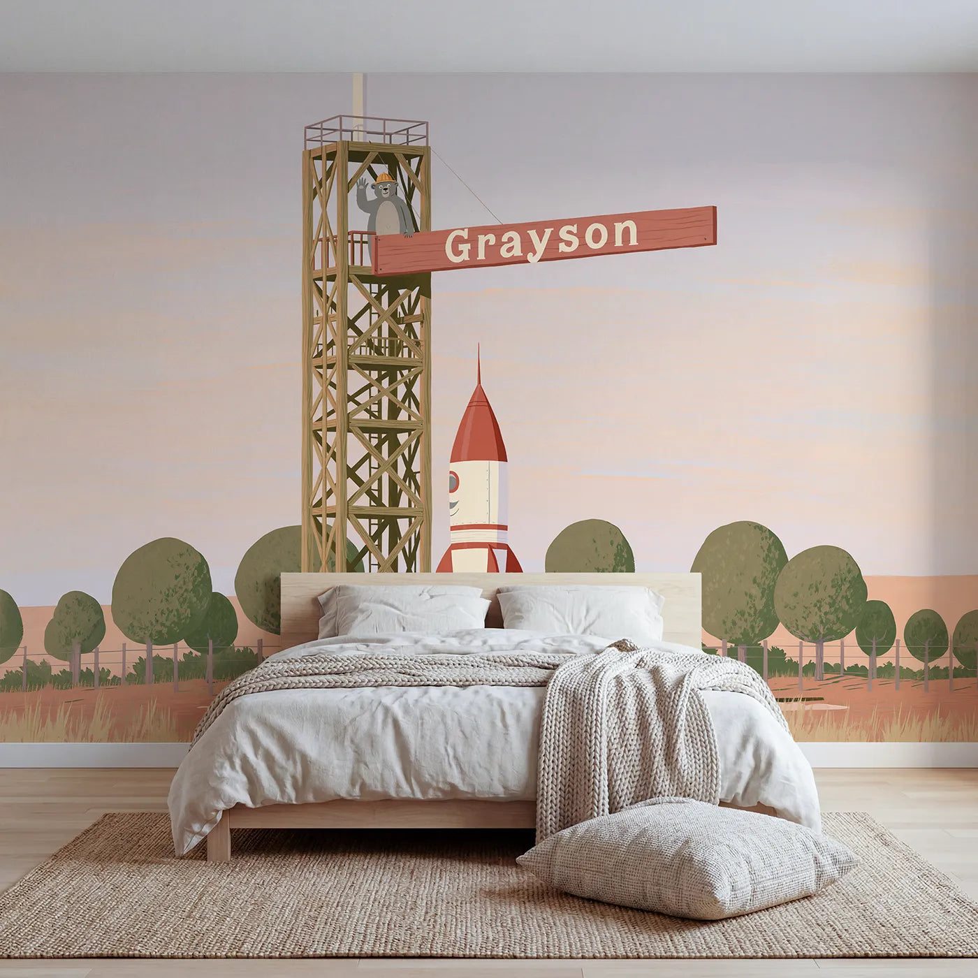 Modern illustration launch gantry personalized wall mural with painted crossbeam by Whimsy Tots