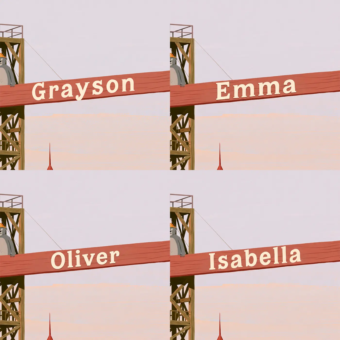 Four name preview examples of Flat Launch Pad Gantry Personalized Wall Mural by Whimsy Tots