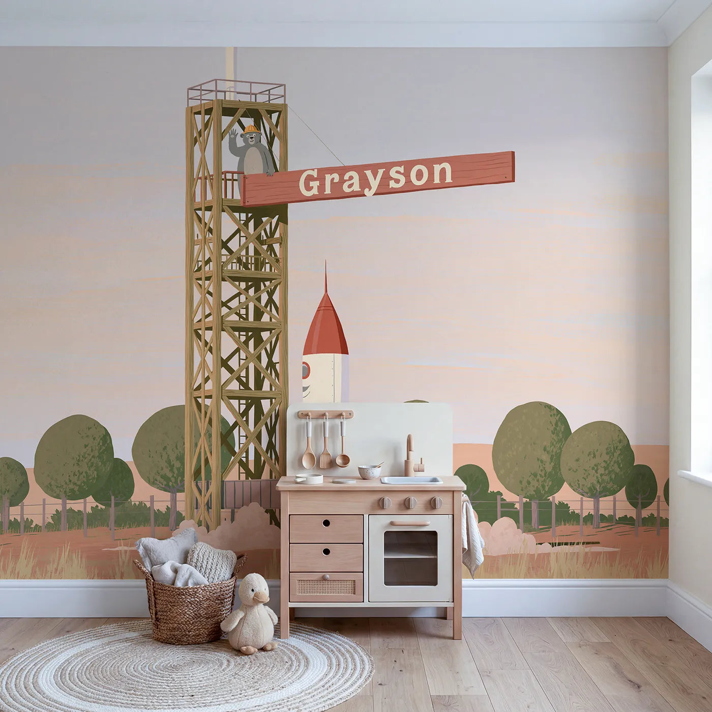 Flat Launch Pad Gantry Personalized Wall Mural in playroom setting by Whimsy Tots