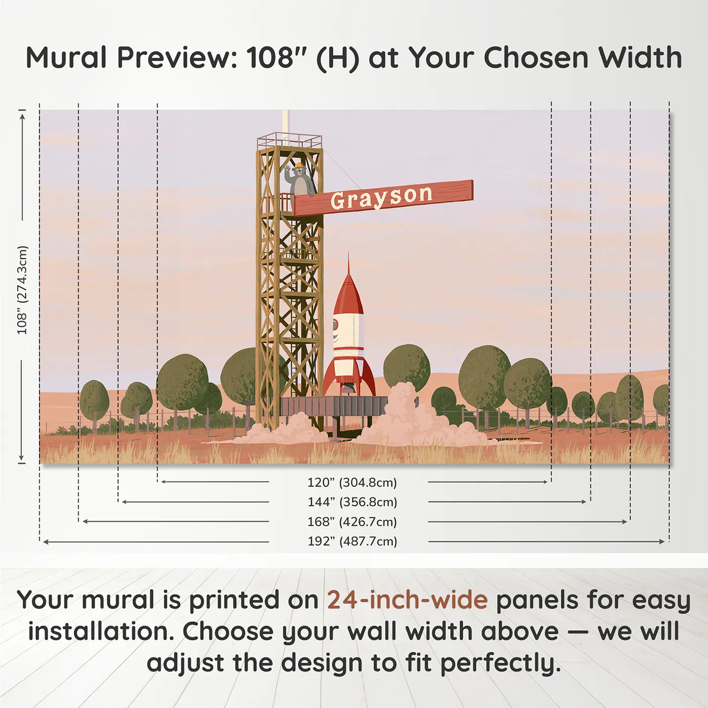 Panel layout and dimensions for Flat Launch Pad Gantry Personalized Wall Mural by Whimsy Tots