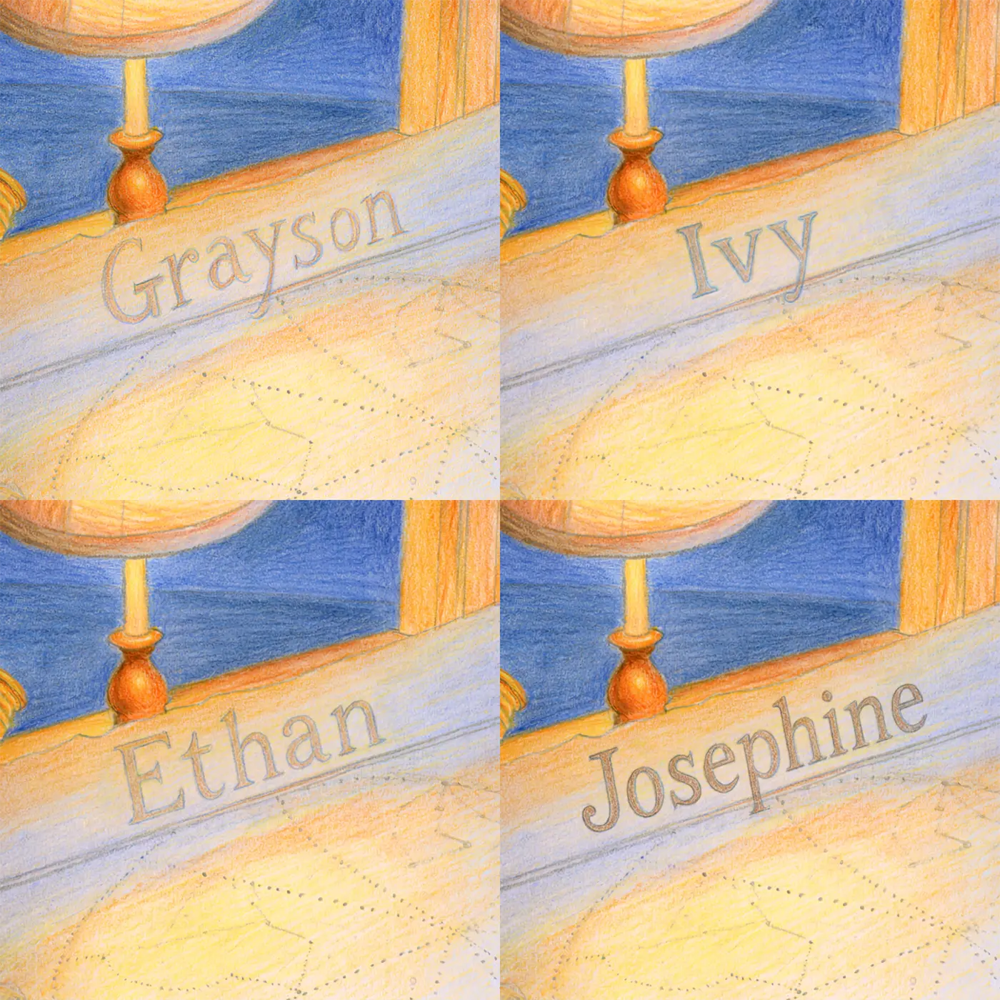 Four name preview examples of Star Chart Journal Personalized Wall Mural by Whimsy Tots