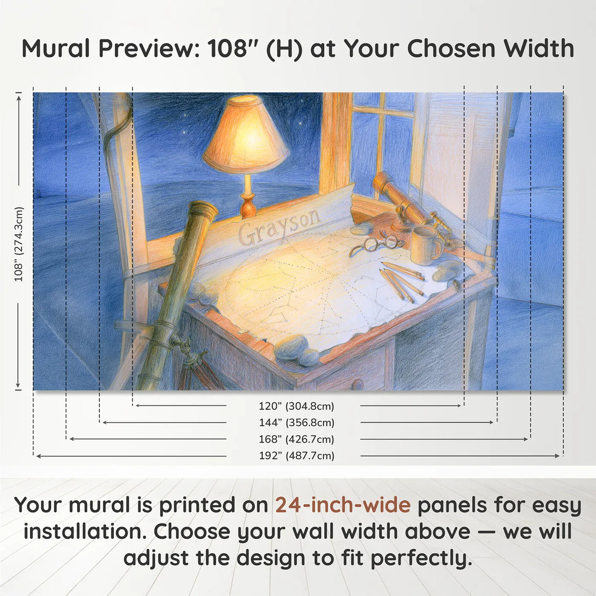 Panel layout and dimensions for Star Chart Journal Personalized Wall Mural by Whimsy Tots