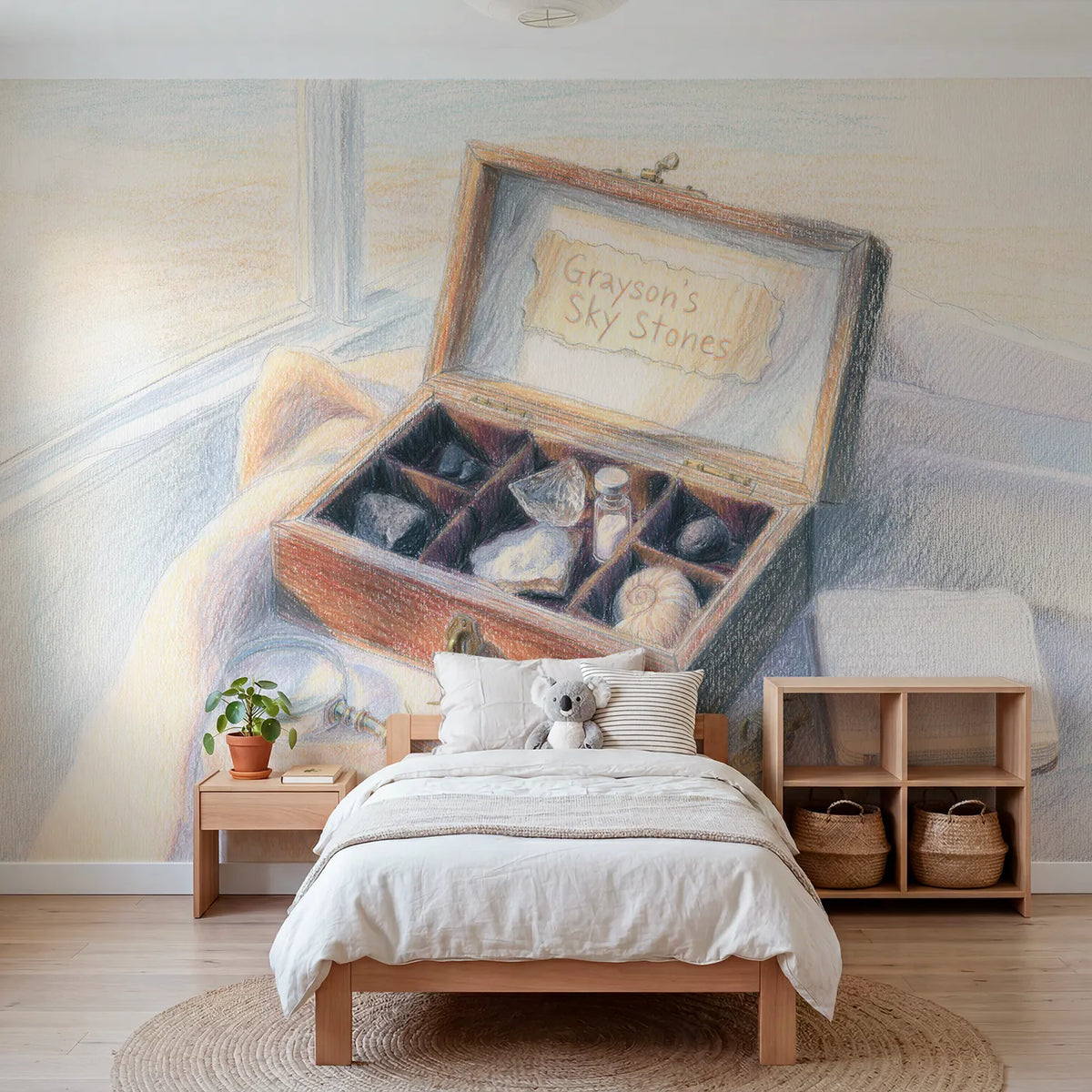 Colored pencil meteorite collection personalized wall mural with lettered lid label by Whimsy Tots