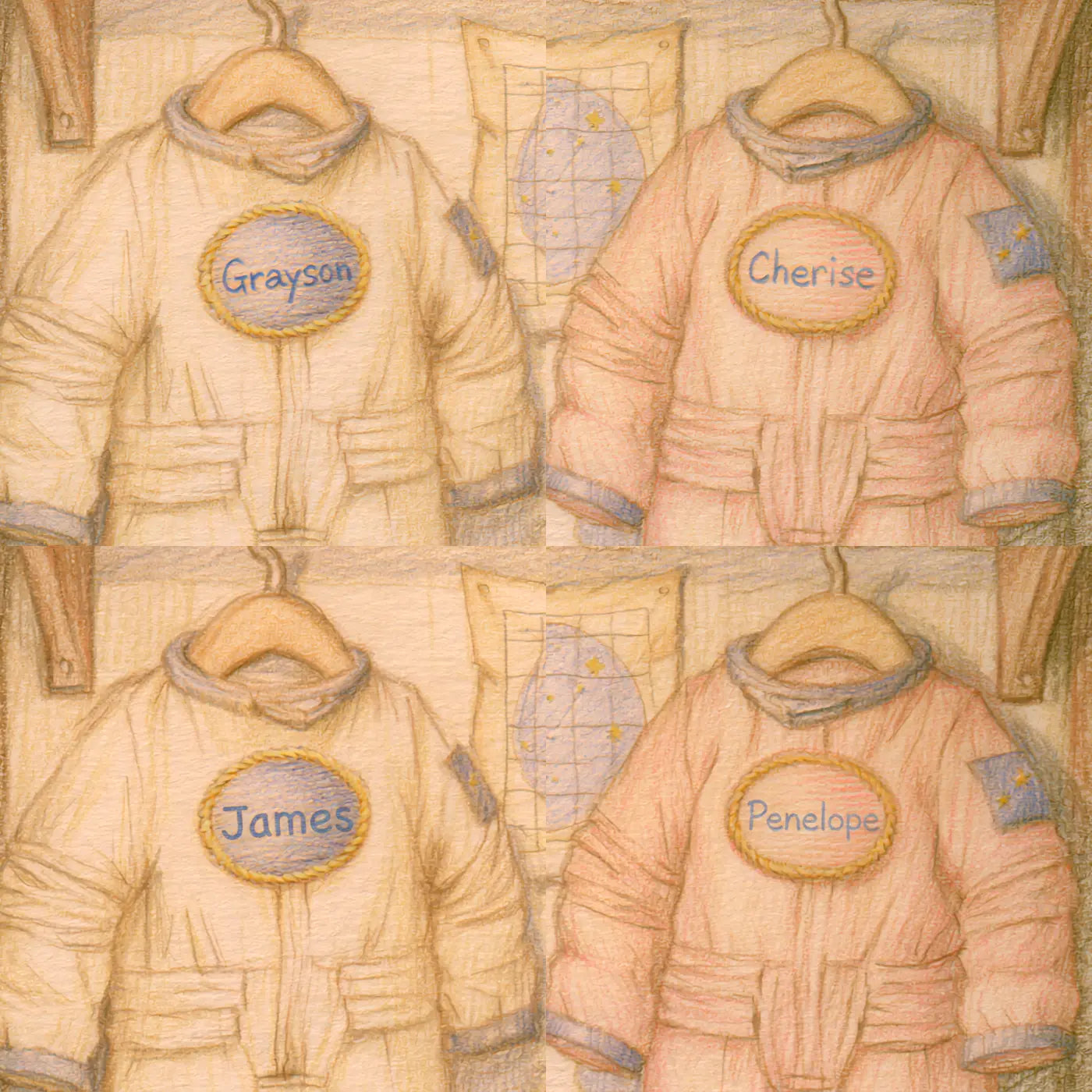 Four name preview examples of Two Astronaut Cubs Personalized Wall Mural by Whimsy Tots