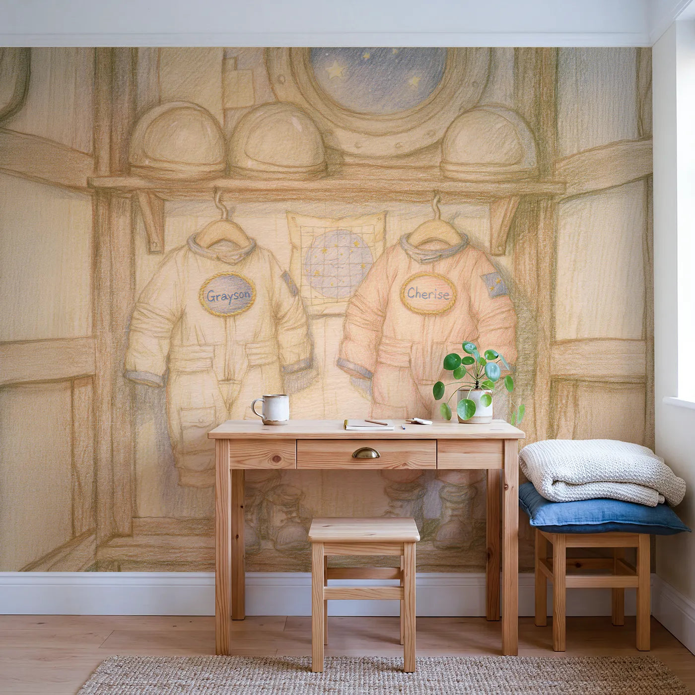 Two Astronaut Cubs Personalized Wall Mural in playroom setting by Whimsy Tots