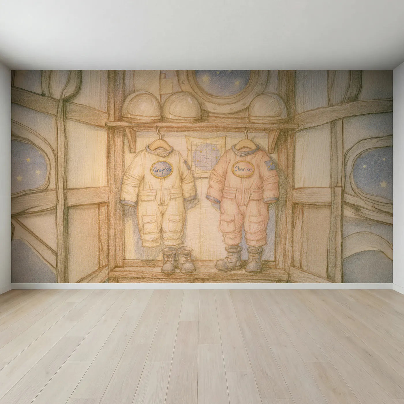 Full view of Two Astronaut Cubs Personalized Wall Mural by Whimsy Tots