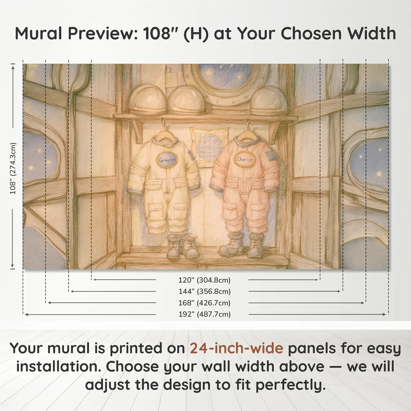 Panel layout and dimensions for Two Astronaut Cubs Personalized Wall Mural by Whimsy Tots