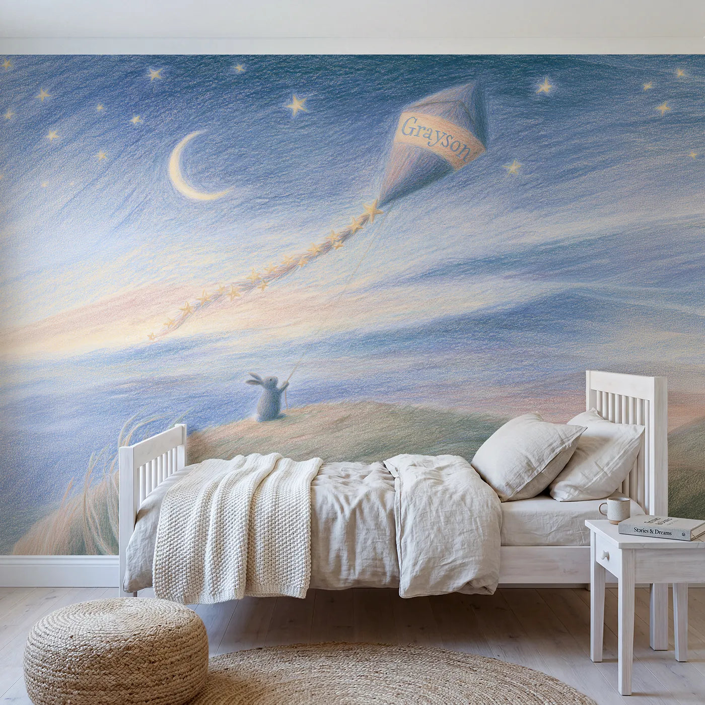 Colored pencil comet kite personalized wall mural with lettered broad face by Whimsy Tots