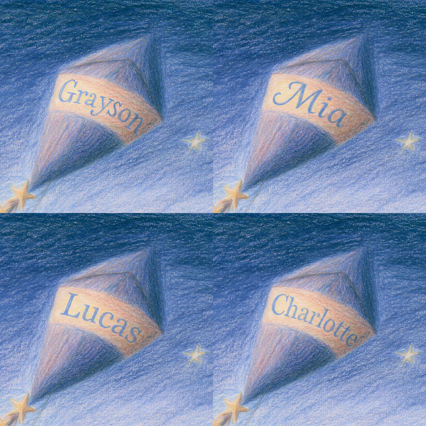Four name preview examples of Comet Kite Personalized Wall Mural by Whimsy Tots