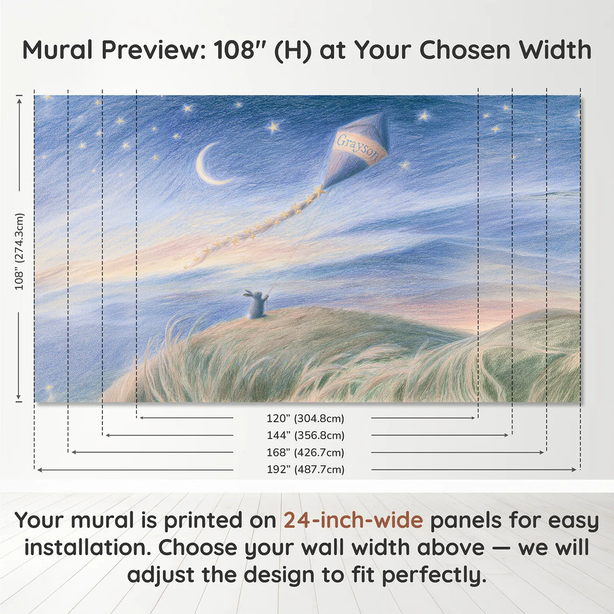 Panel layout and dimensions for Comet Kite Personalized Wall Mural by Whimsy Tots