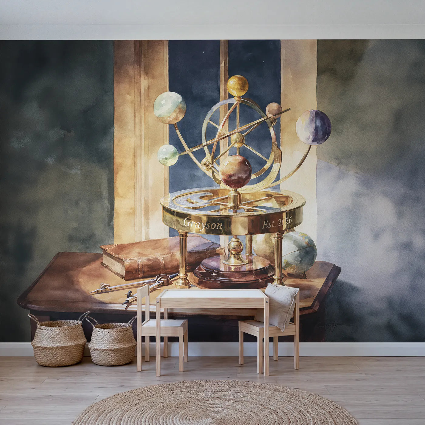 Watercolor brass orrery personalized wall mural with engraved name and date ring by Whimsy Tots